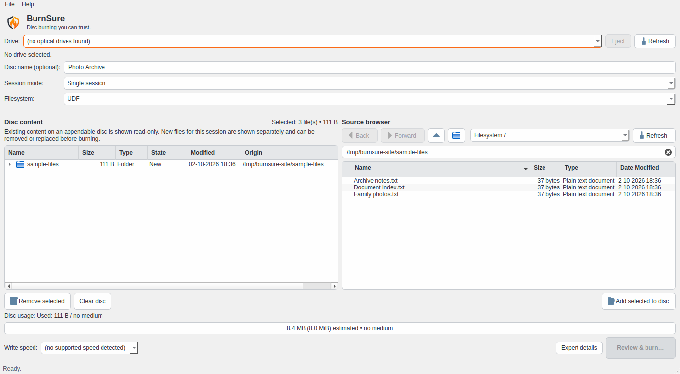 BurnSure development interface showing the disc project and source browser with demonstration files and no connected drive.